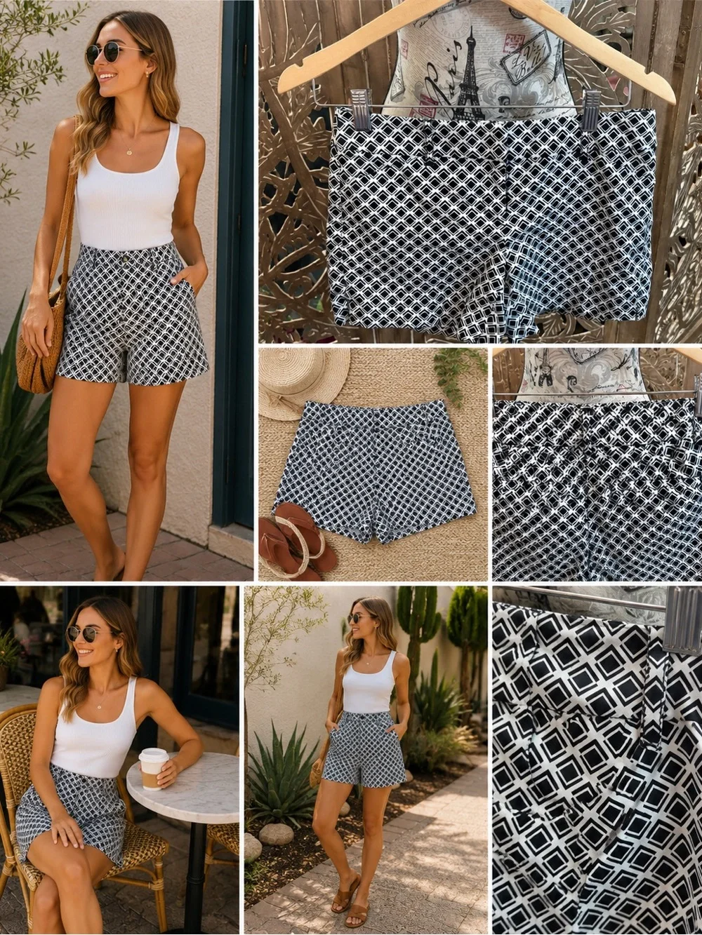 White House Black Market Black & White Geometric High-Waist Shorts